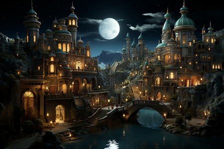 奇幻城堡下的月夜幻景图片