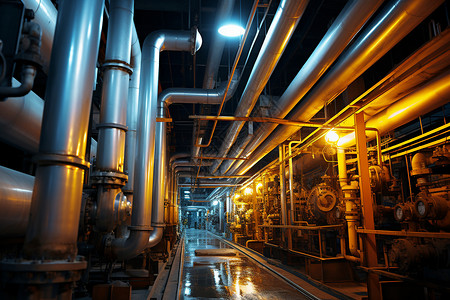 工业设施中的管道和灯光高清图片