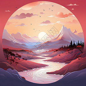 日落下山水交融的风景背景图片