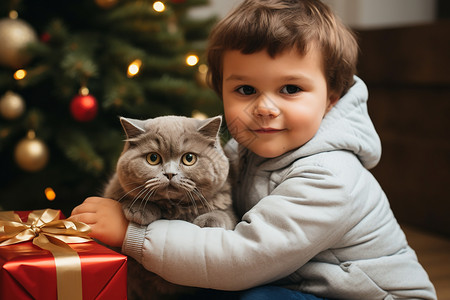 圣诞树前小男孩抱着一只猫高清图片