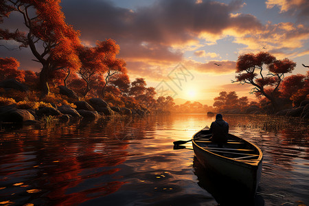 湖上划船的渔民图片