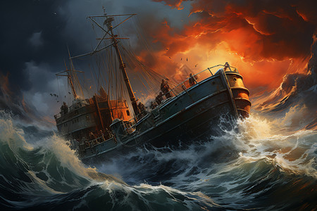 波浪中的船海洋中的船只插画