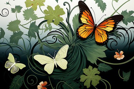 树叶上的蝴蝶插画