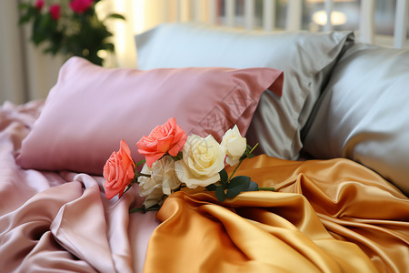 粉色的丝绸床品图片