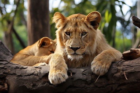 动物园里两只狮子躺在树枝上高清图片