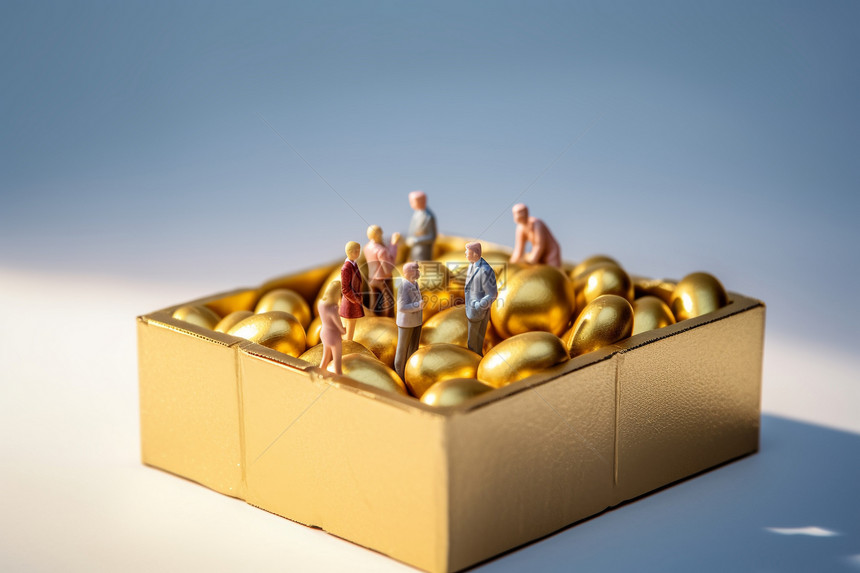 盒子里的金球和人雕塑图片