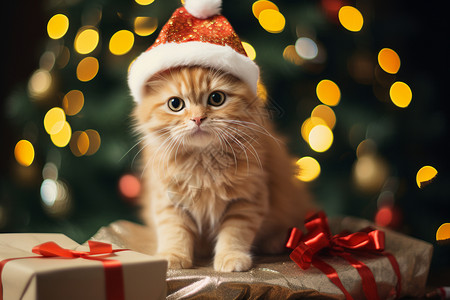 带着荷叶的猫带着圣诞帽的猫咪背景