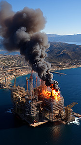 海面上燃烧的石油平台图片