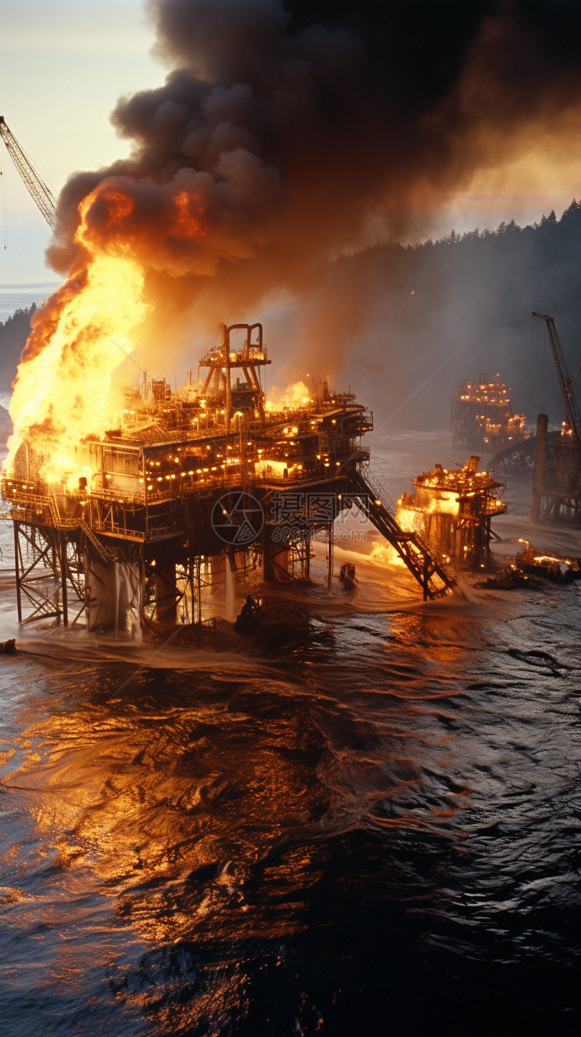 海面上燃烧的油井平台图片