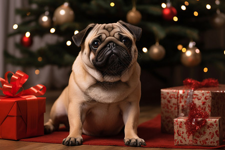 圣诞树下的荷兰斗牛犬背景图片