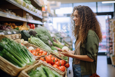 超市购买蔬菜的女人图片