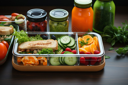 玻璃饭盒饭盒里的蔬菜和水果背景