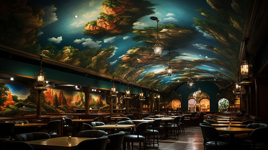 餐厅房间墙壁画欧洲古典餐厅装潢设计图片