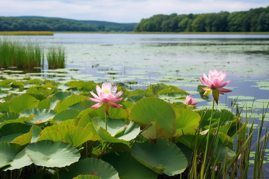 公园池塘中盛开的莲花图片