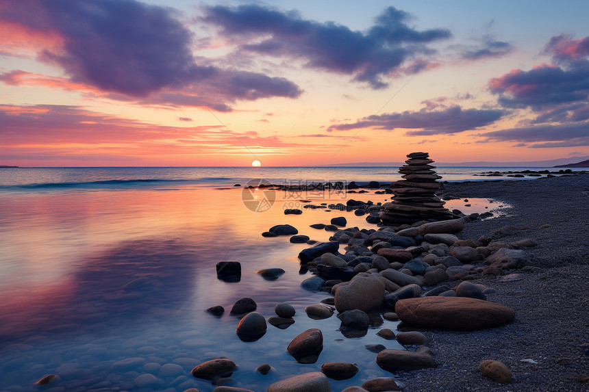 日落时海边的石头图片