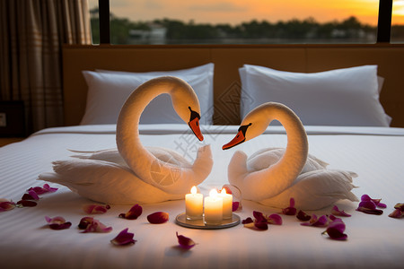 床上天鹅床上的毛绒天鹅和蜡烛鲜花背景