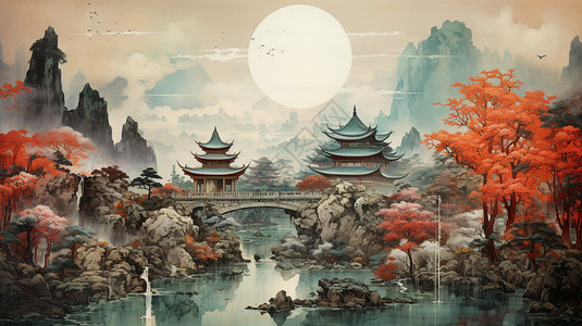 古代塔中国古代建筑景色插画