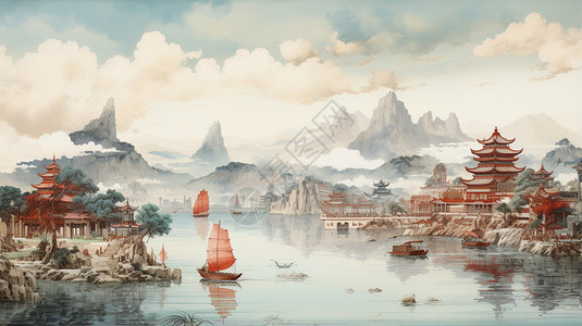 榛名湖和船租赁湖面上的帆船和周边的高塔插画