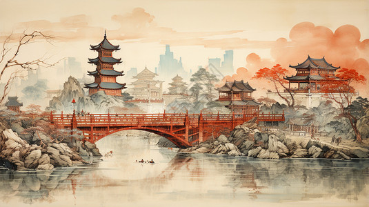红桥中国古代建筑景观插画