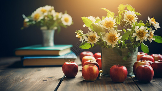 桌子上的花朵苹果和书本图片
