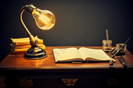 桌子上的台灯和书本图片