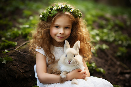 抱着兔子的小女孩背景图片