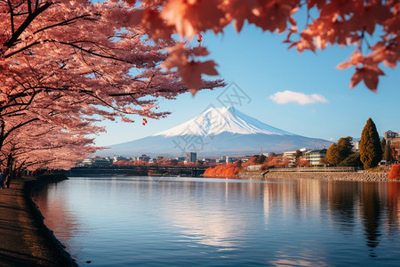 樱花与山秋天的富士山与红叶湖背景