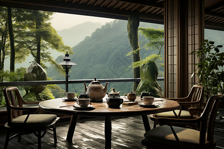 茶静山脉中宁静的茶馆背景