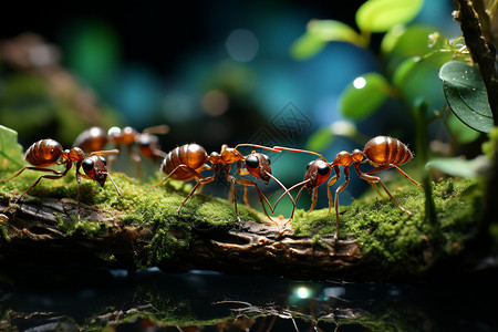 蚂蚁在苔藓丛中的探索高清图片