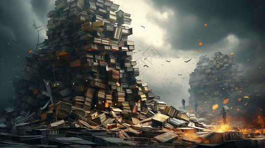 破坏的金字塔户外书籍堆积的山插画