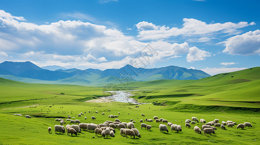绿色草地中放牧的羊群高清图片