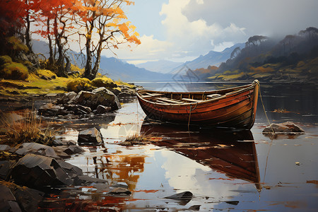 河畔渔船的油画细节图片