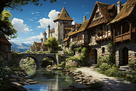 中世纪桥手绘色彩古堡插画