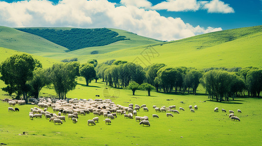 户外山坡中的羊群图片