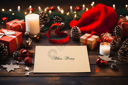 圣诞卡桌子上的装饰品和卡片背景