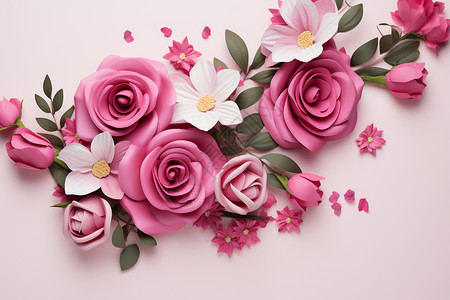 心形玫瑰花瓣漂亮的粉色花束插画