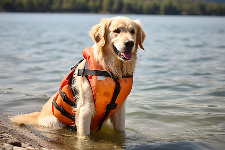 金毛犬在水中穿着救生衣背景图片