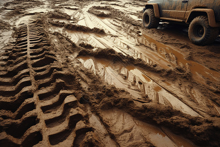 泥泞的道路和车痕高清图片
