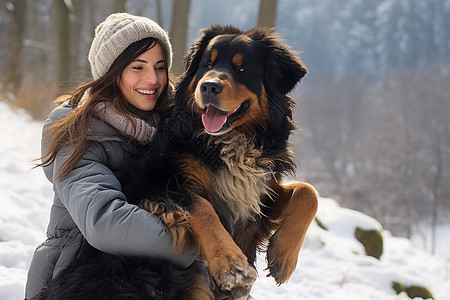 伯恩山地犬冬季户外的宠物和女士背景