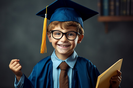 蓝色学士帽穿着毕业服装的小男孩背景