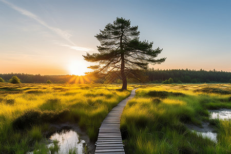 夕阳下草地风景图片