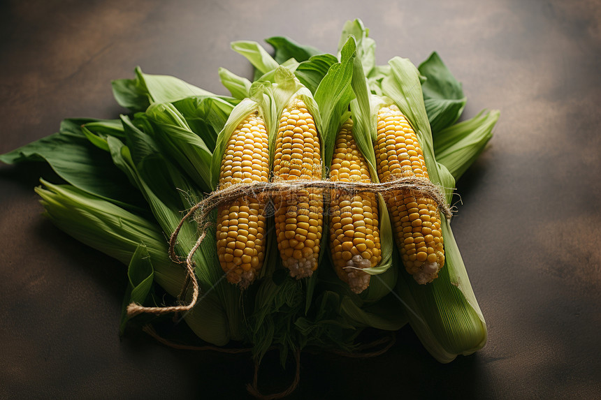 夏日新鲜：一串玉米摆在桌上，稻草绑着一侧玉米穗和叶子。图片