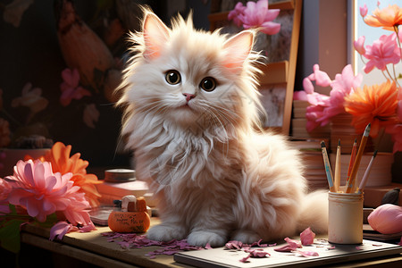 桌面上的花朵桌面上的可爱小猫咪插画