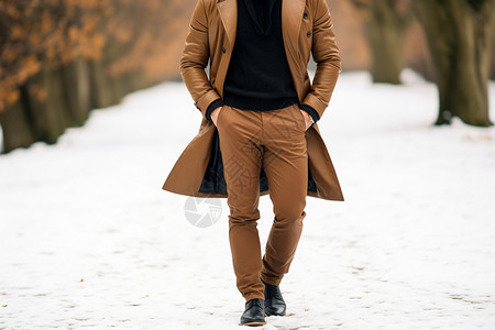 卡其色大衣冬日帅气男子在雪地上行走背景
