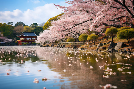 樱花映衬下的京都古庙背景图片