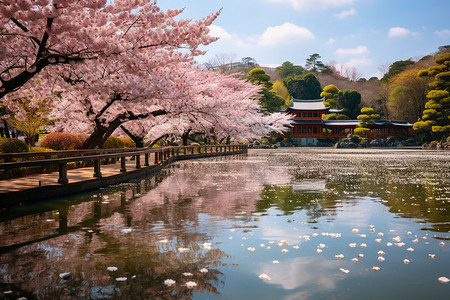 寺树盛开清幽寺庭的水色花韵背景