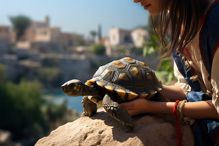 小女孩在公园放生乌龟背景图片