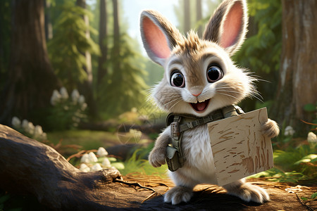 3d动画素材森林中可爱的卡通兔子插画