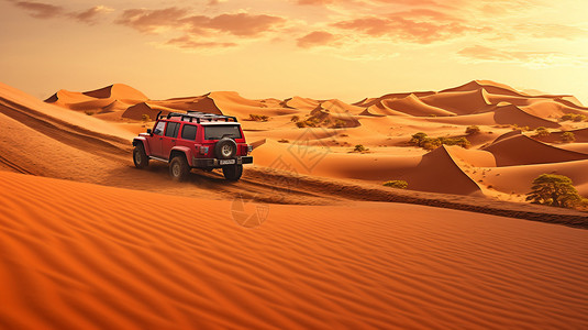 汽车疾驰飞驰在沙漠的汽车背景
