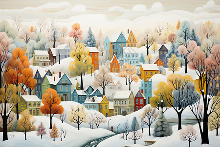 寒冷的城市小镇冬景的艺术画插画